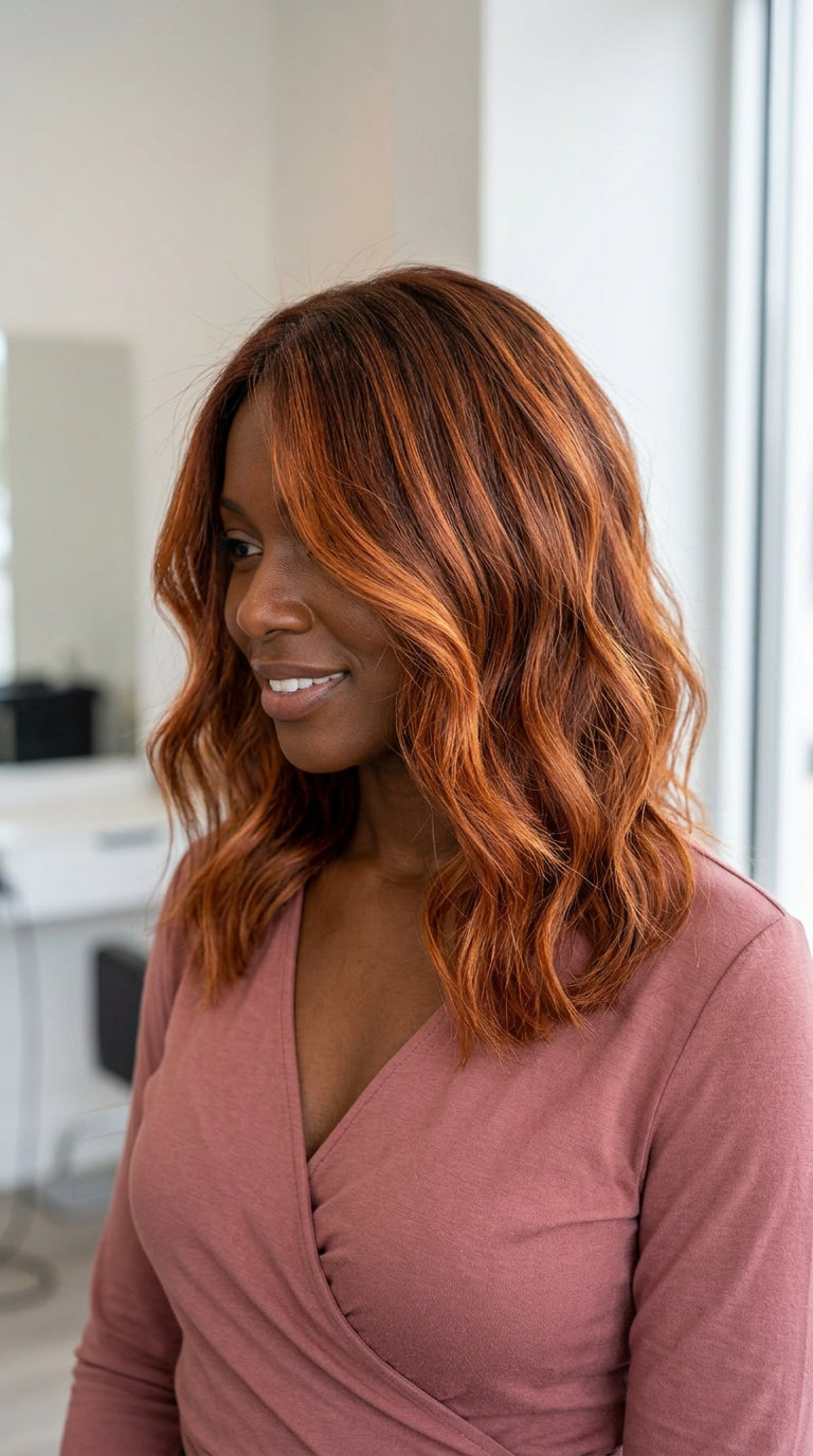 long radiant auburn haircut with copper balayage, hand-painted highlights, no fringe — vibrant