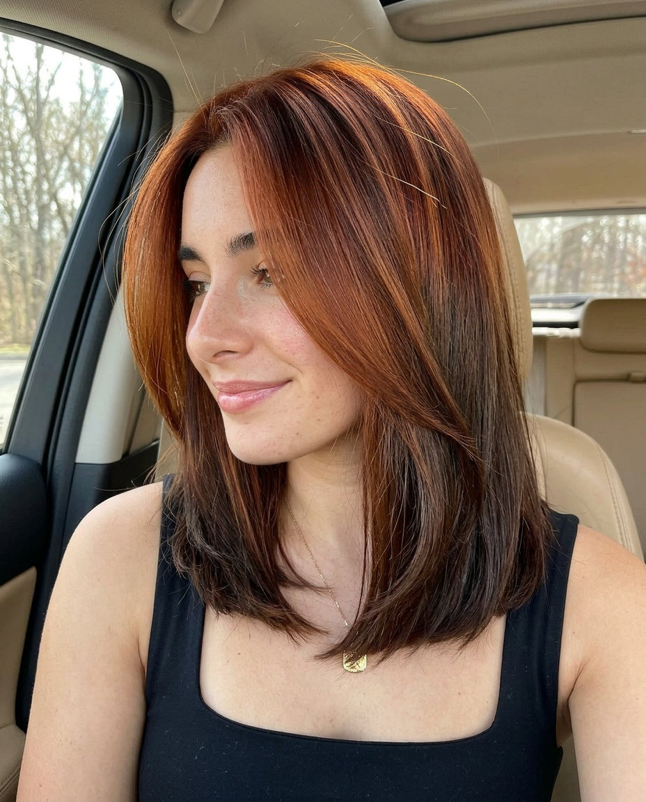 long rich auburn chocolate color melt with warm mahogany, seamless blend, no fringe — sophisticated