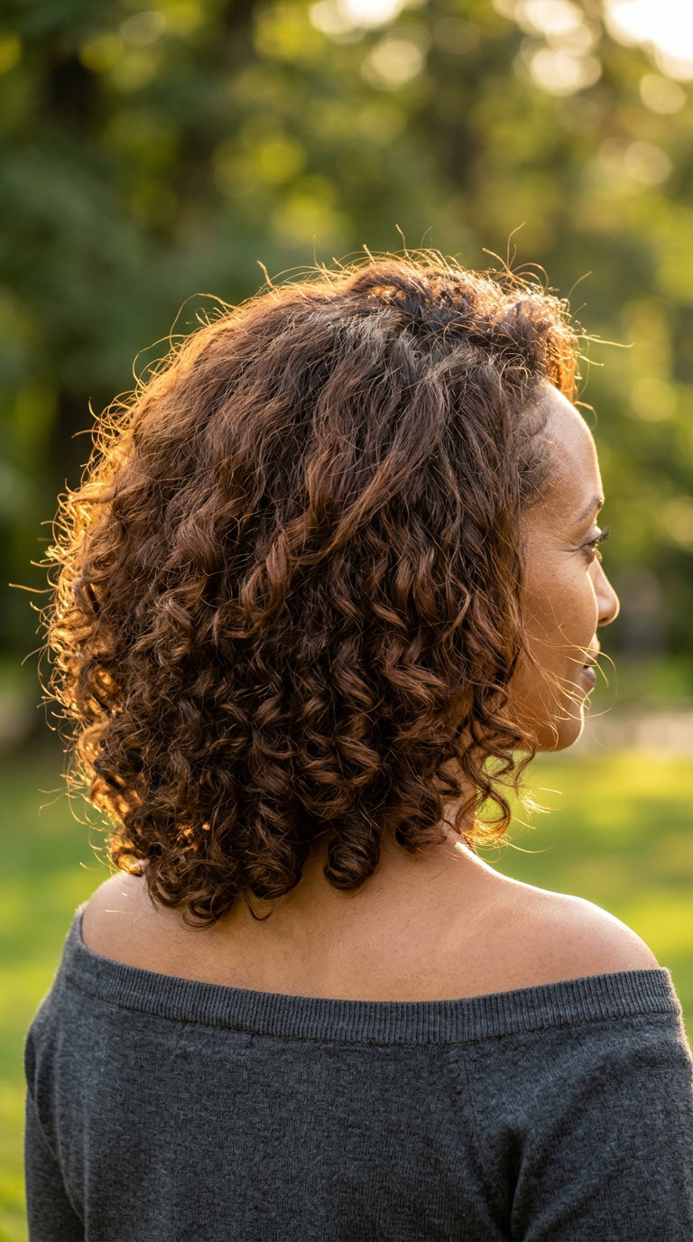 medium curly halo haircut in rich natural brown with auburn undertones, internal layers — playful, voluminous, natural