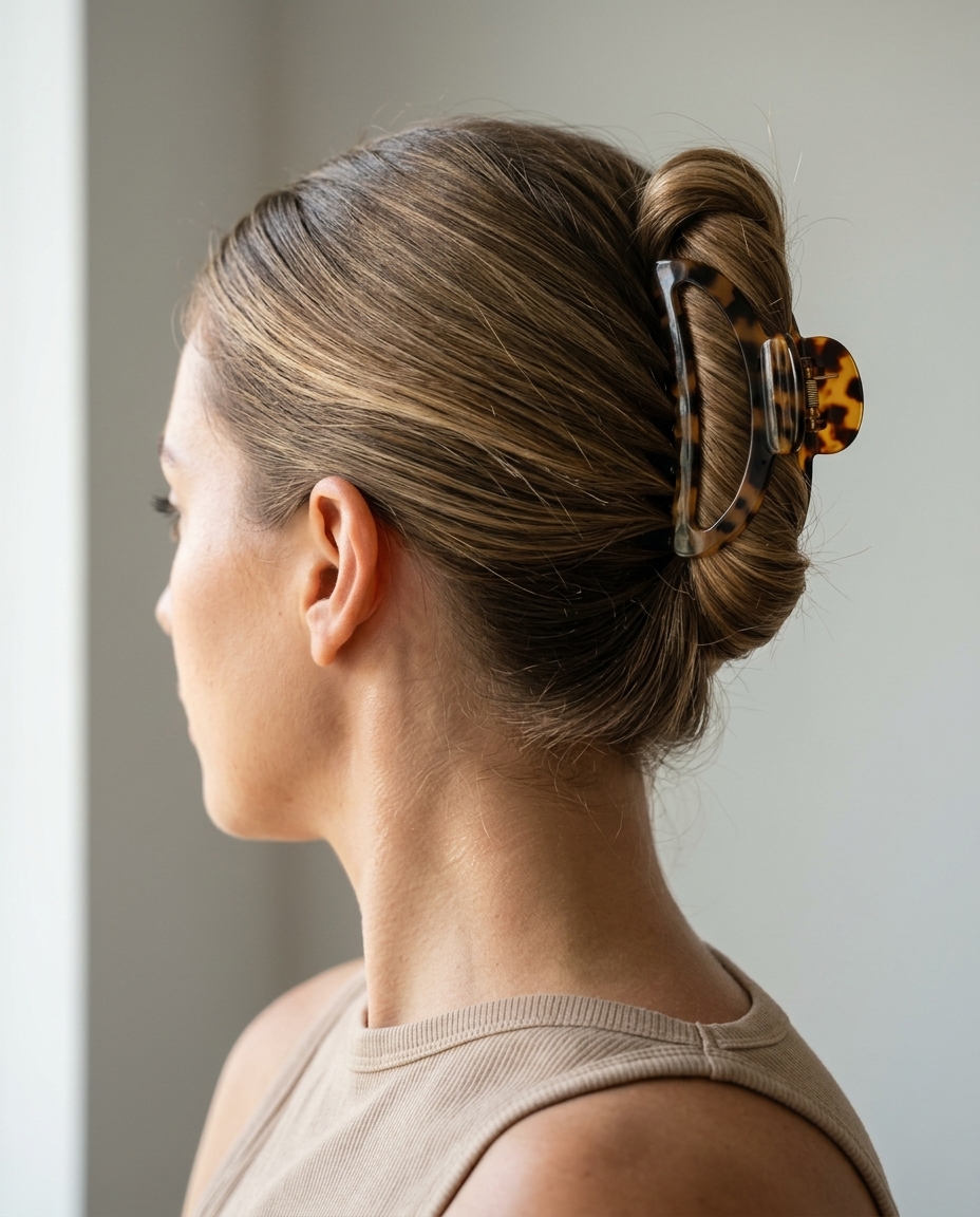 rich brunette modern claw clip updo with polished finish and minimalist style