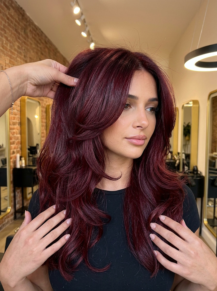 chest-length layered haircut in rich burgundy with graduating layers, face-framing layers, V-shape back — romantic timeless