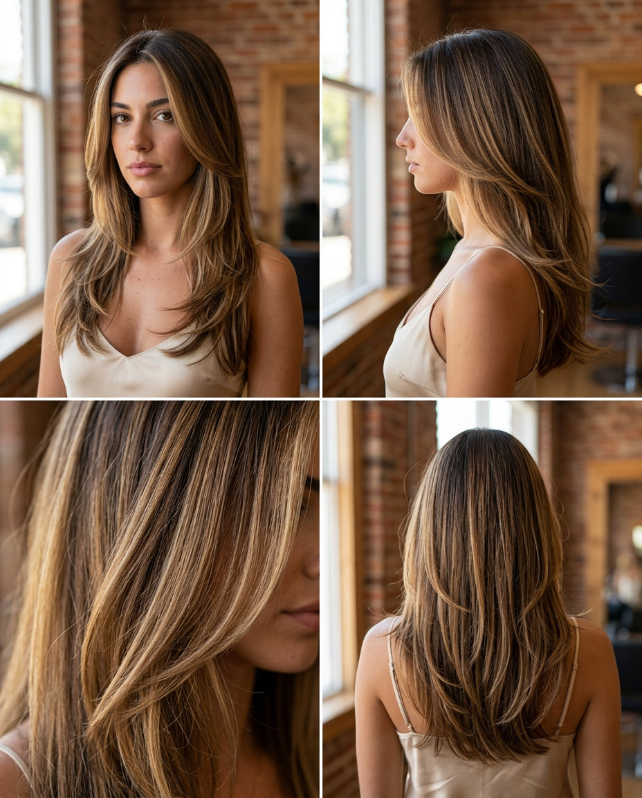 long face-framing layered brunette hair with warm honey/golden caramel balayage, face-framing highlights — European summer