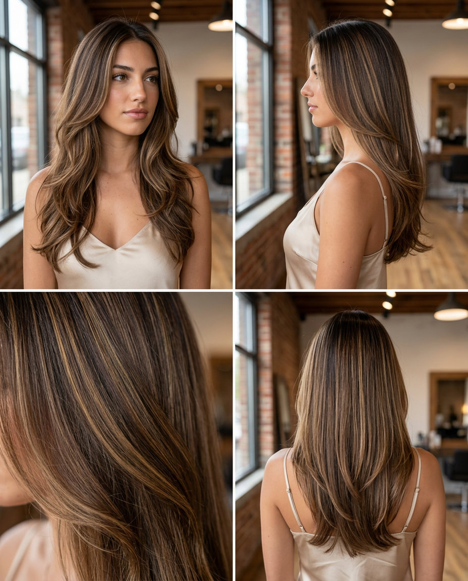 long layered Riviera brunette with gold ribbons for effortless waves
