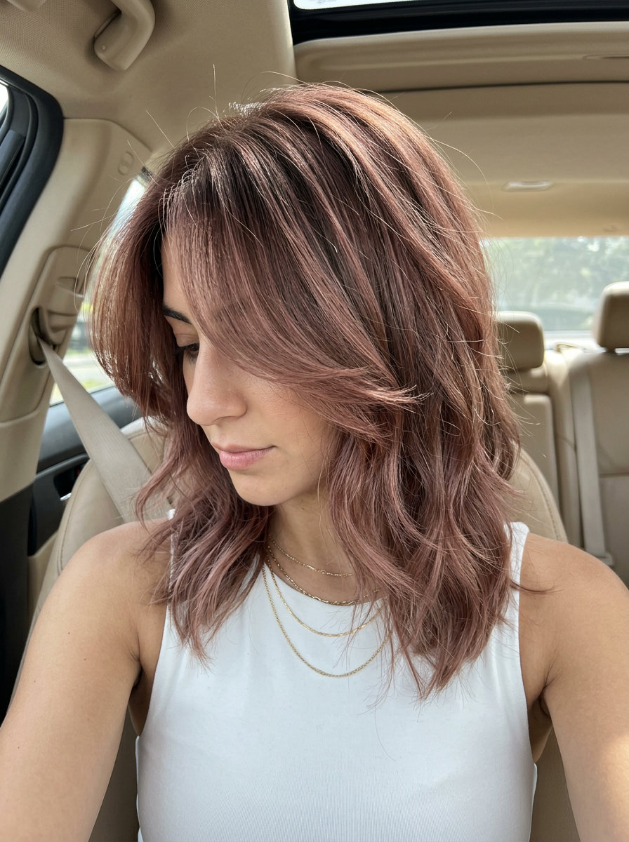collarbone-length shag haircut with rose brown color, dusty rose-gold ribbons, point-cut layers — romantic and intriguing