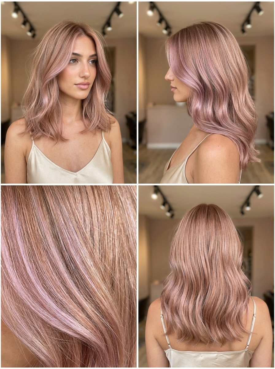 Rose Gold Strawberry Blonde Babylights 2026 long sleek strawberry blonde haircut with rose gold babylights, no bangs — romantic ethereal