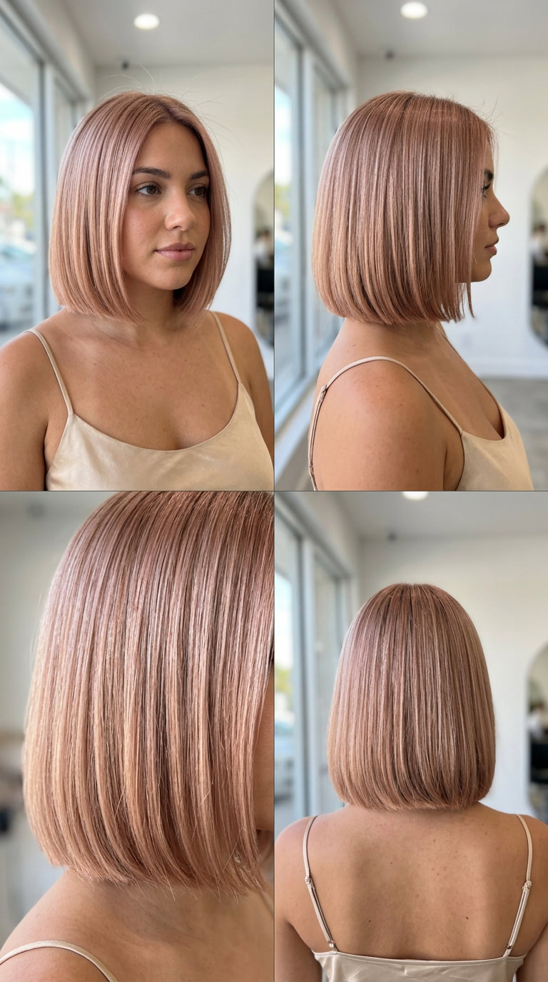 chin-length blunt bob haircut with sheer rose gold, precise jawline length for trendy wet look