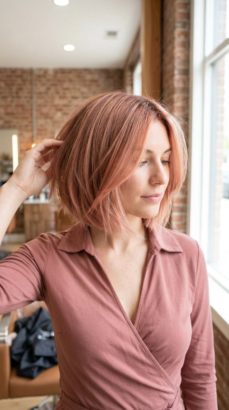 chin-length textured bob haircut in rose gold with strawberry blonde face-frame, playful edgy for 2026