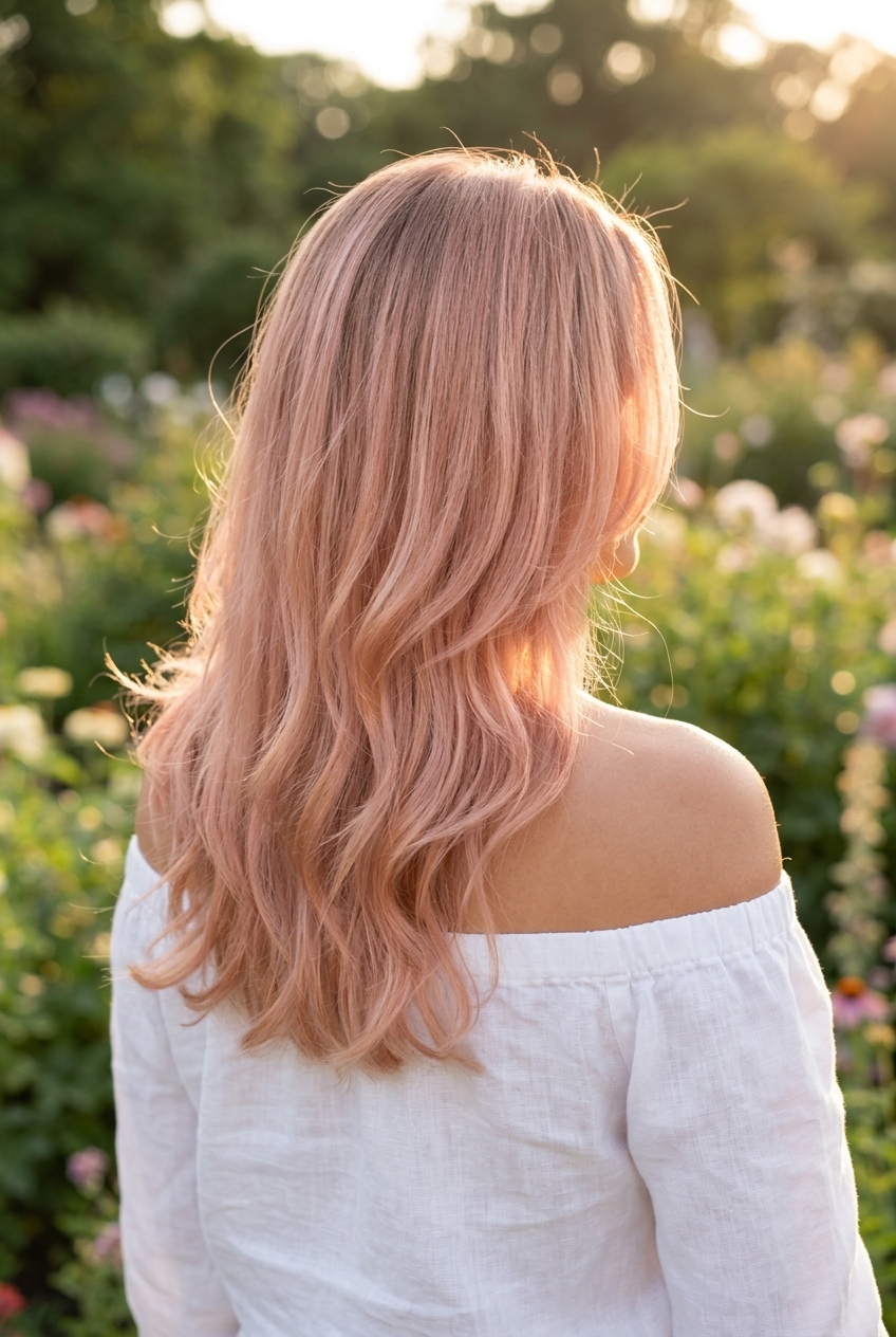 long layered rose gold hair color with peach undertones, balayage, romantic ethereal mood