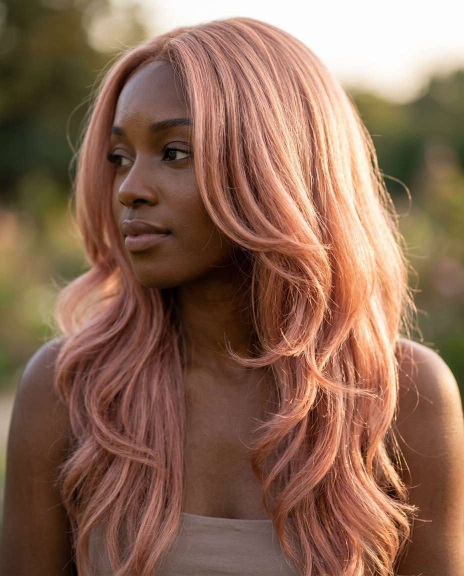 long rose gold balayage with copper undertones and dark root smudge for summer