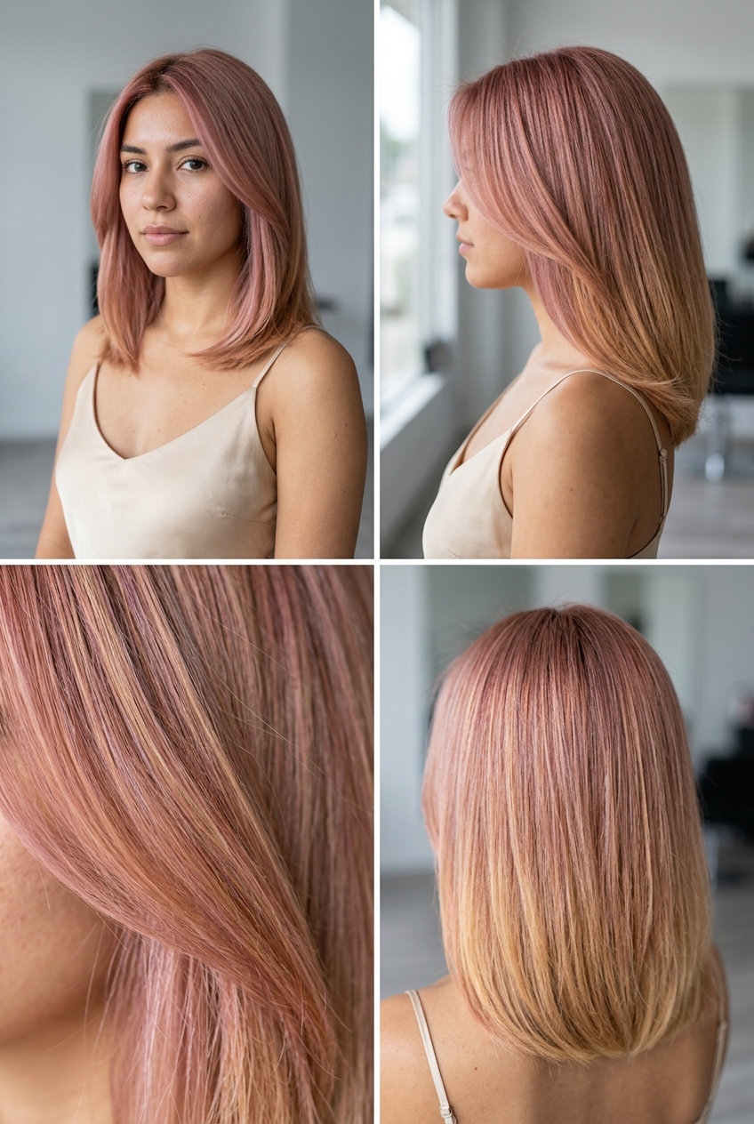 long layered ombre hair color with soft rose, shimmering gold, light blonde, multi-dimensional effect — whimsical fantasy look