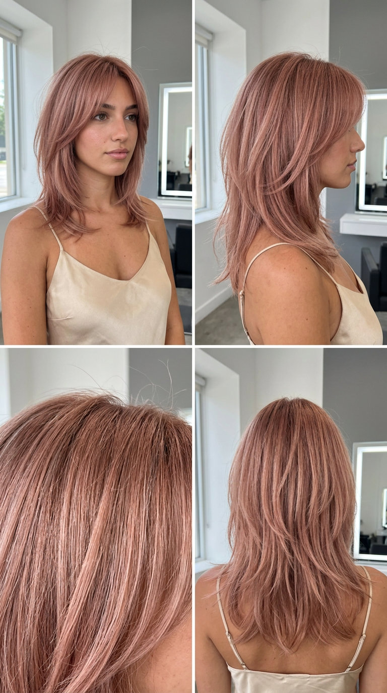 medium-length shag haircut with rose gold, pink undertones, eye-grazing bangs — playful romantic