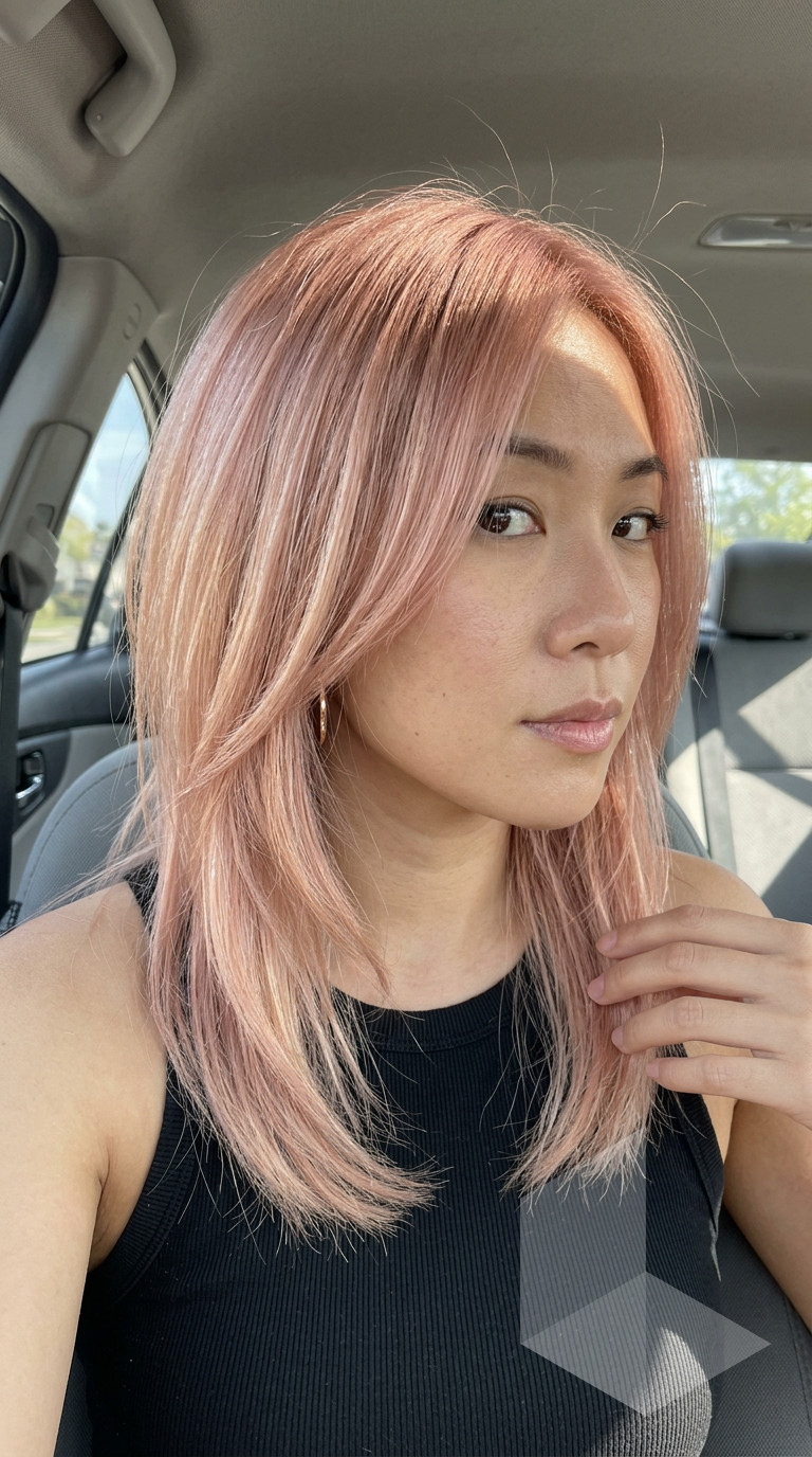 medium pastel rose gold hair with pink & gold tones, diffused blend — whimsical summer