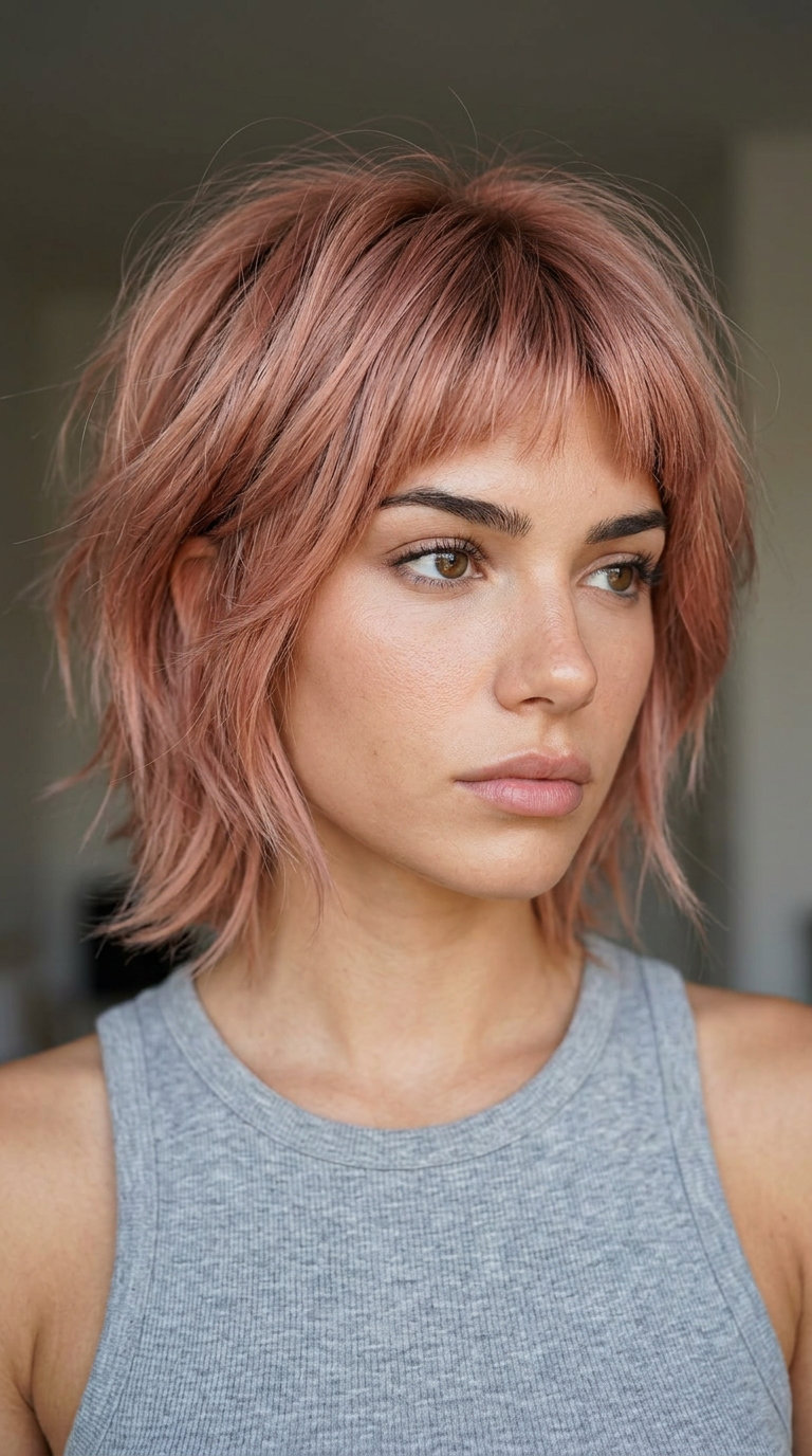 short dusty rose gold wolf cut with peach & platinum base, choppy layers, micro-bangs — playful edgy fashion look