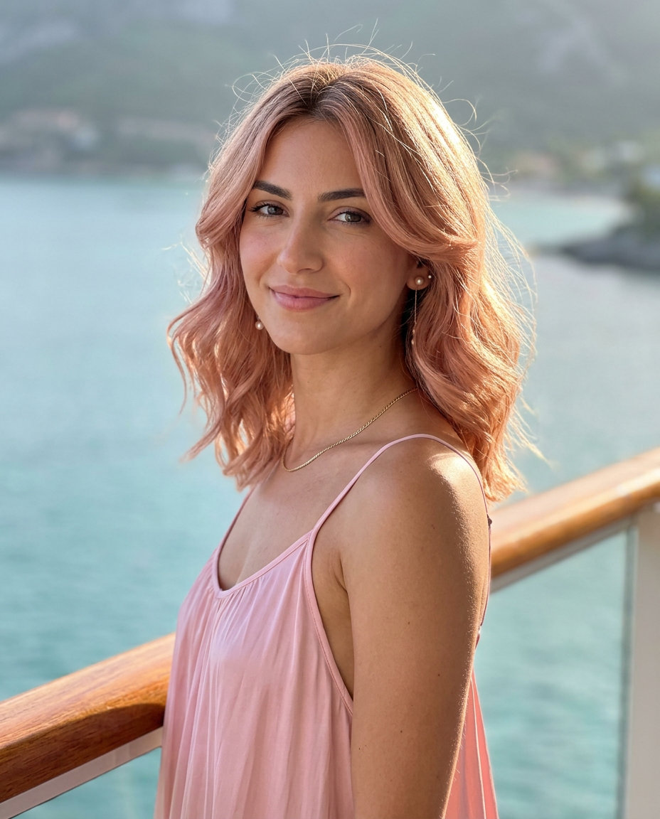 shoulder-length rose gold waves with internal layering for summer