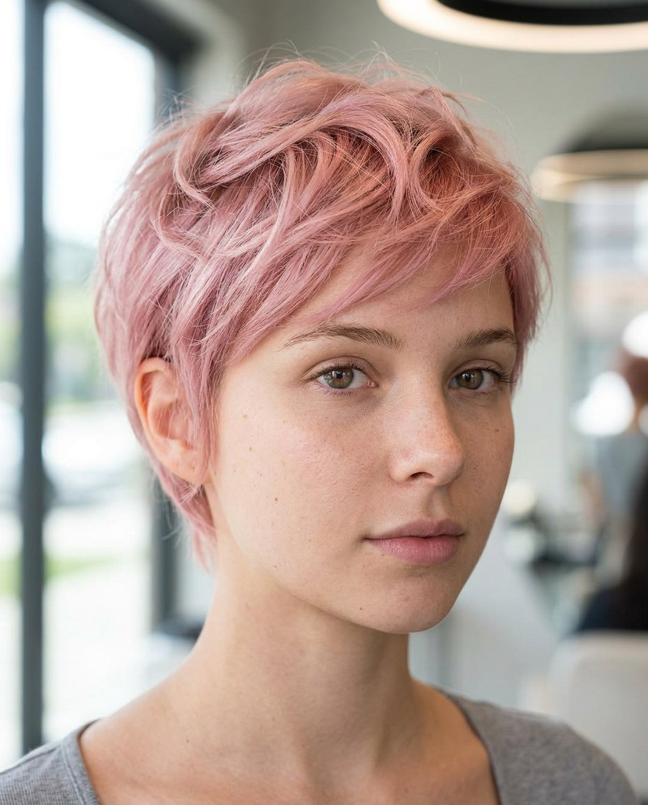 very short pixie haircut with pastel rose pink, translucent tones, diffused layers for romantic event