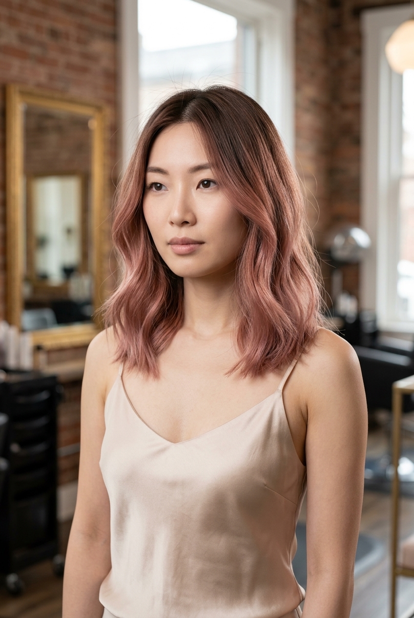 long layered rosewood whisper ombré with dusty rose, delicate gradient, no fringe — sophisticated romance