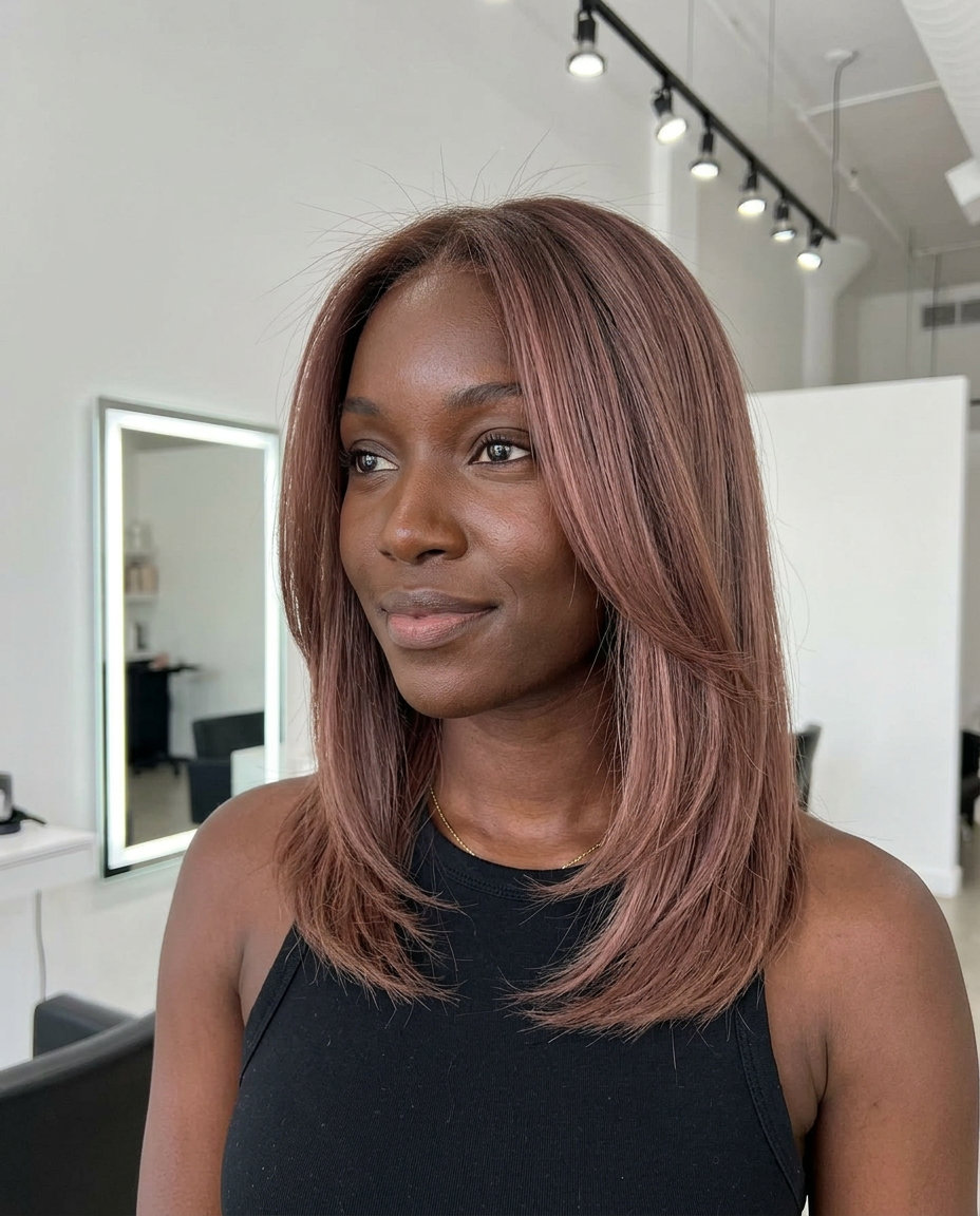 medium lob haircut in muted dusty rosewood, soft graduated layers, face-framing pieces — romantic, soft, feminine