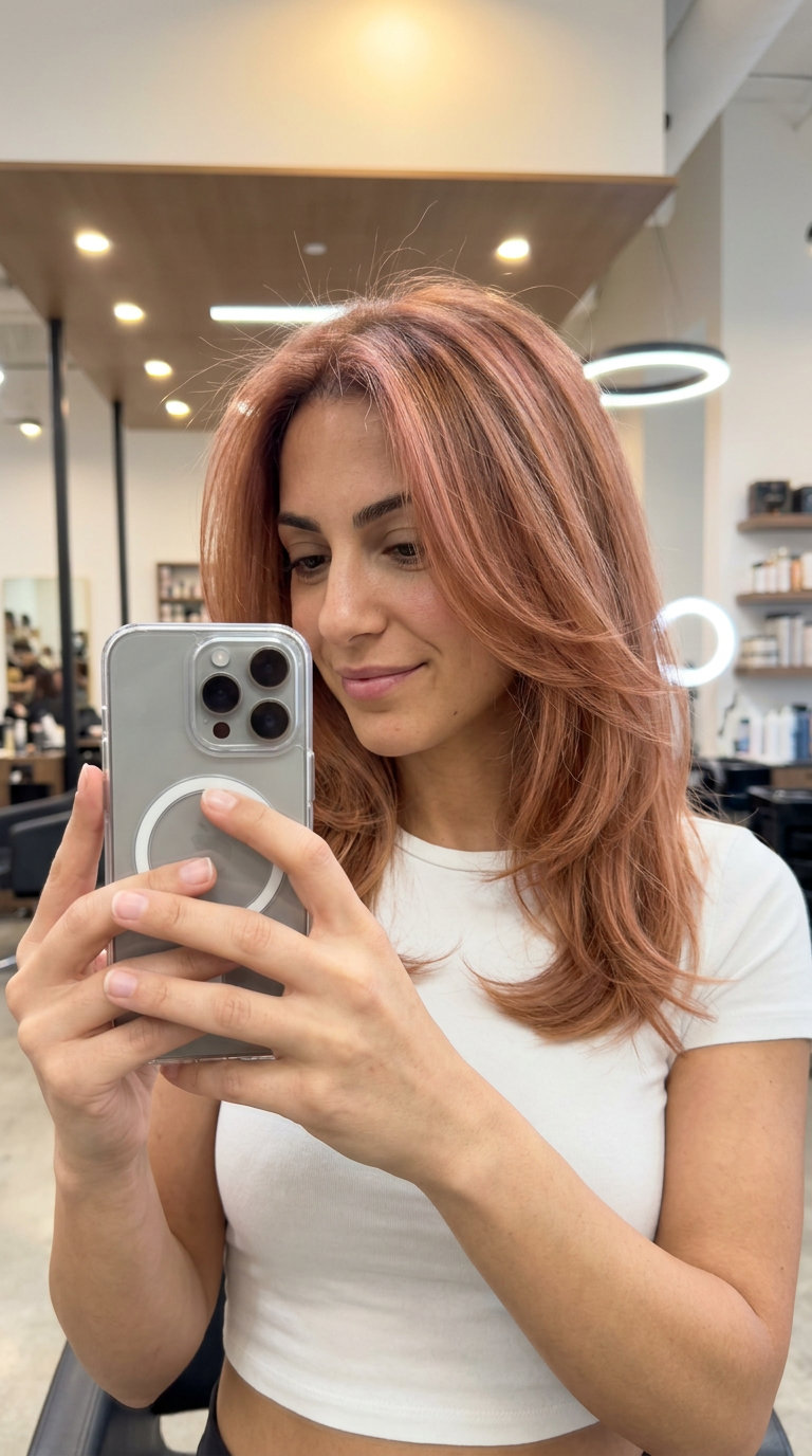 Rosy Amber Strawberry Glaze 2026 long layered strawberry blonde with rosy amber glaze, ethereal shine — wedding guest