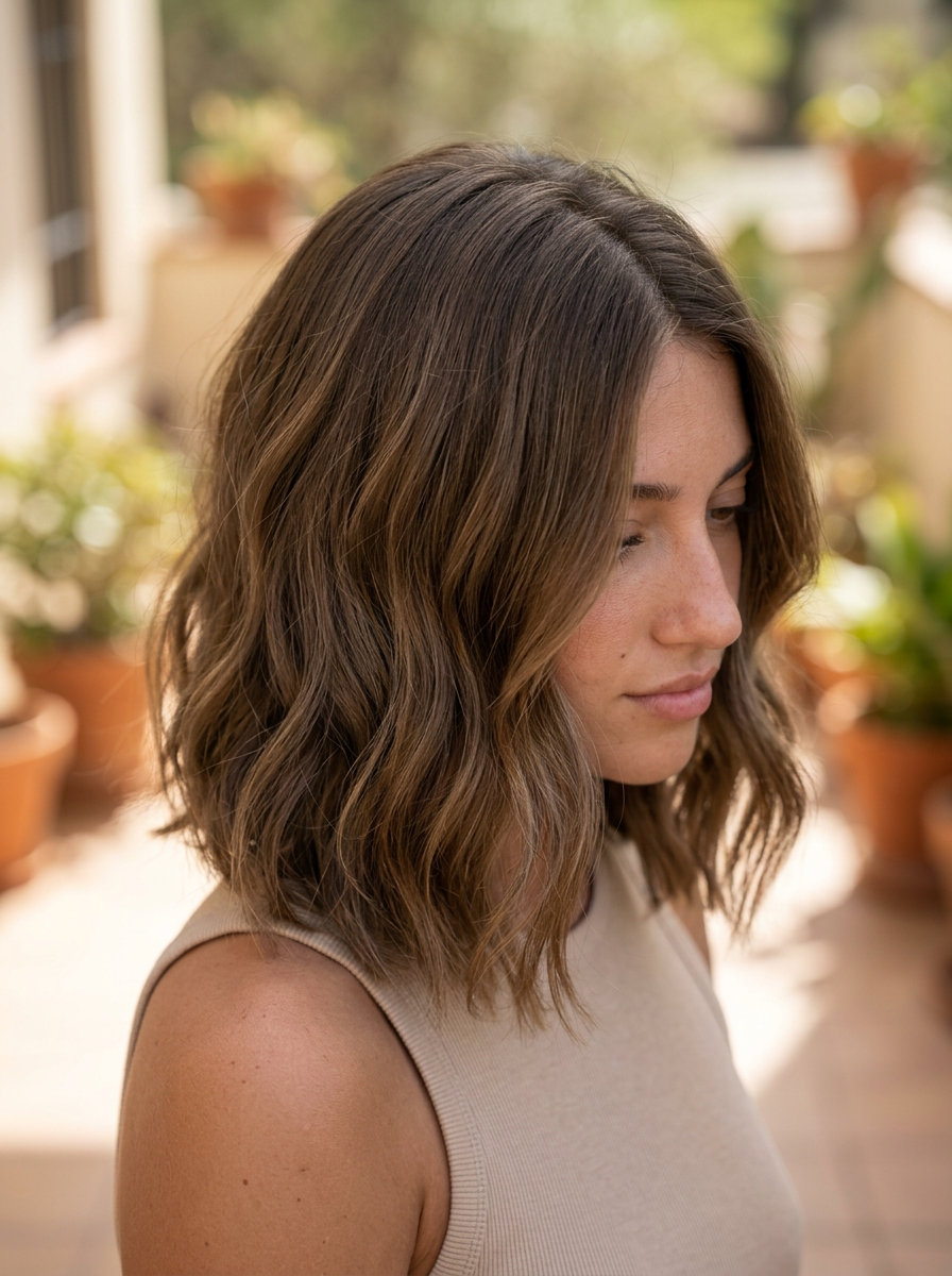 collarbone-length lob with sandstone brown & beige-brown balayage, soft diffused layers — effortless summer hair