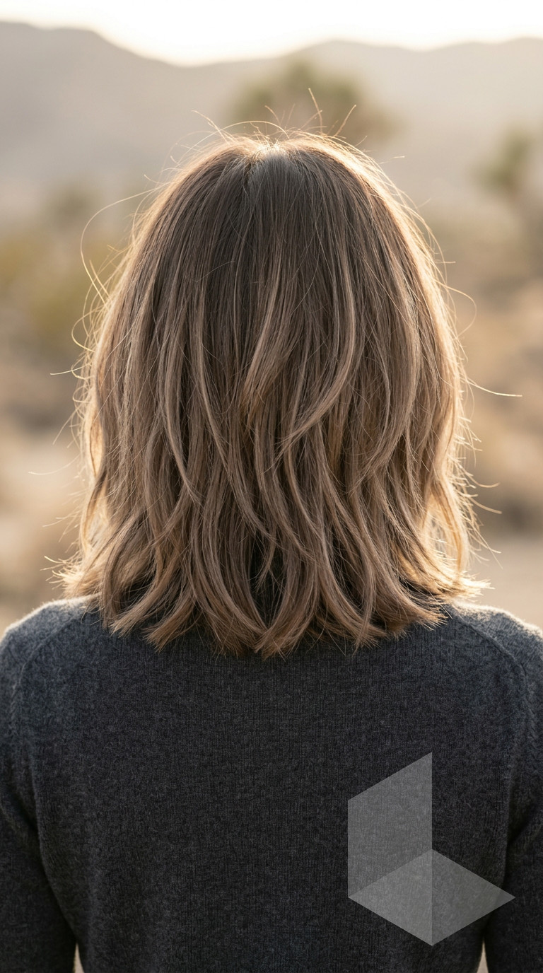 shoulder-length lob with sandstone brown balayage and textured layers for boho vibes