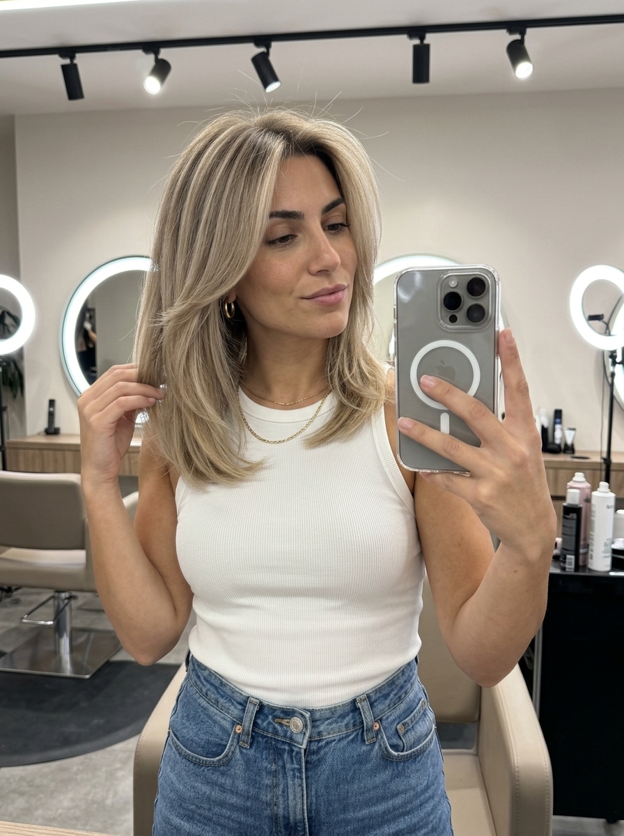 long subtle layered ash blonde balayage with sandy beige tones for natural lived-in look