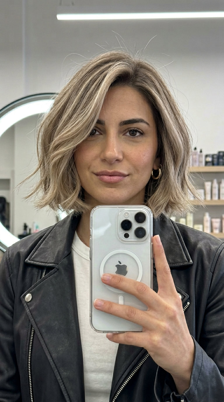 chin-length Italian bob haircut in sandy beige blonde with ash brown root, effortless chic for 2026