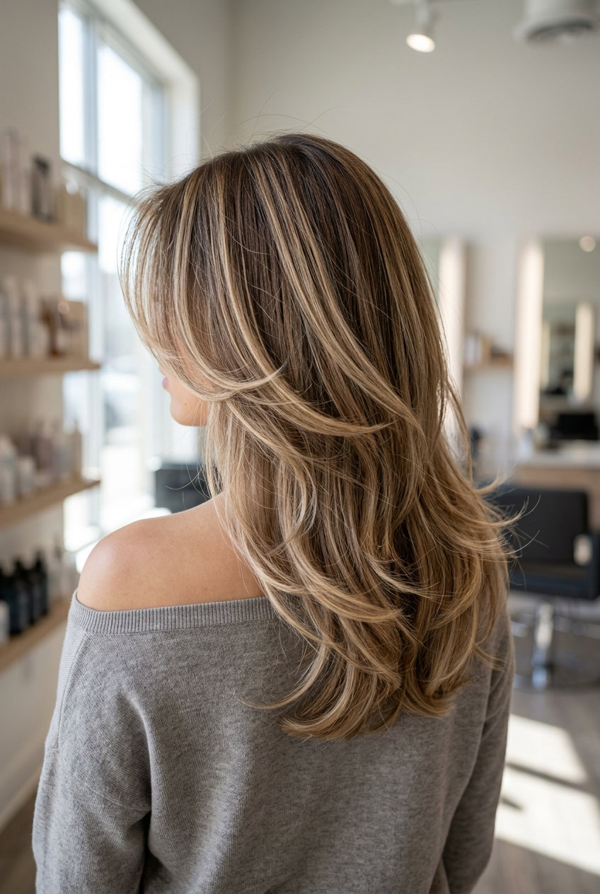 medium length butterfly layers with sandy beige blonde foilayage and face-framing for romantic volume