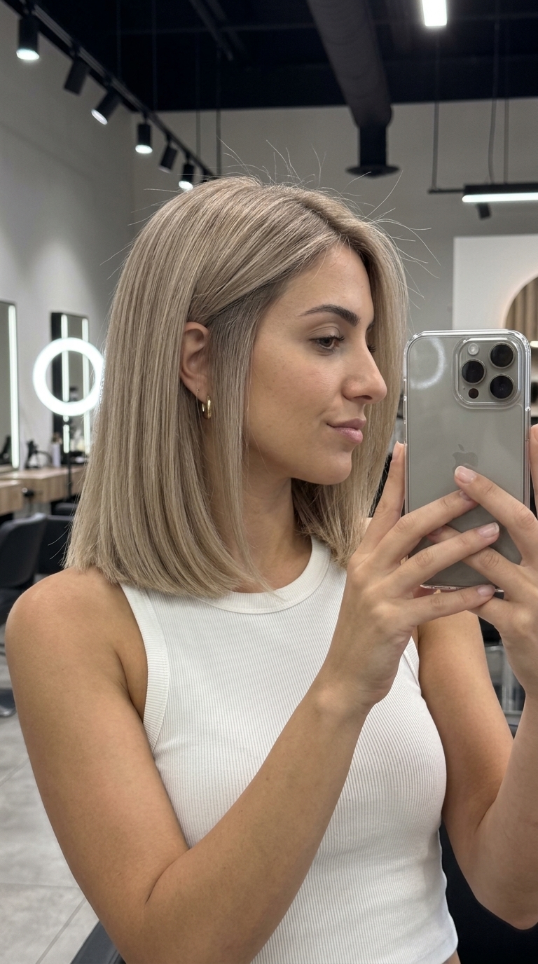 medium blunt lob haircut with sandy beige blonde, taupe root smudge, no bangs — chic