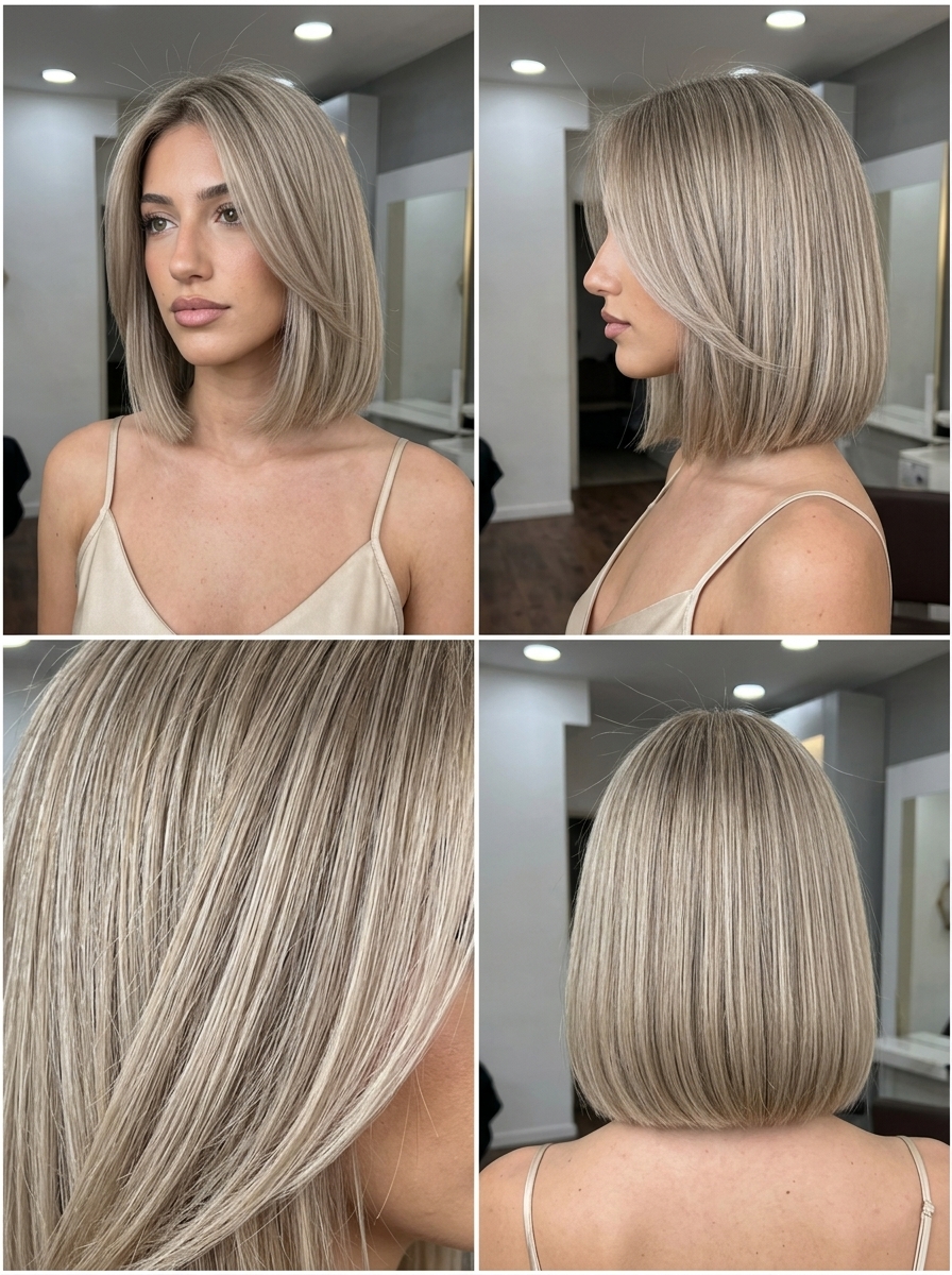 short sandy beige bob with babylights & subtle ash, blunt cut — sophisticated summer