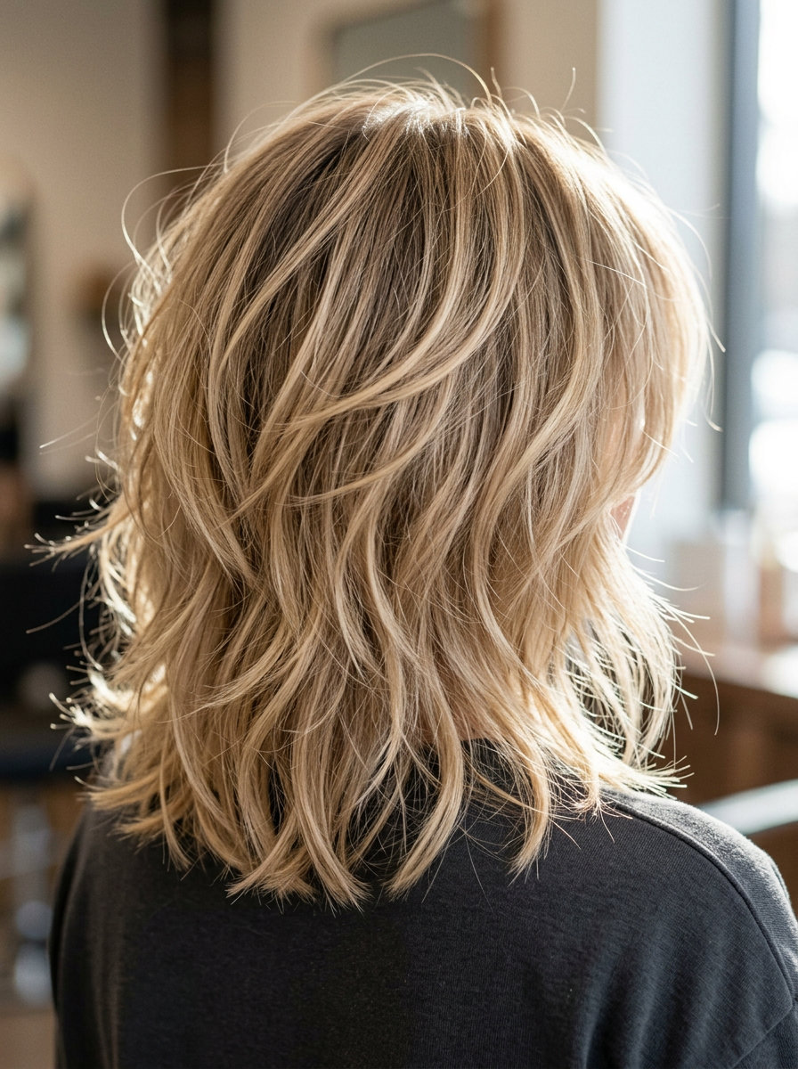 shoulder-length sandy beige blonde shag with sun-kissed highlights, wispy curtain bangs — playful boho