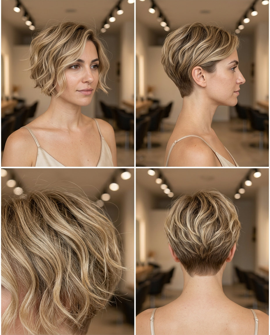very short pixie haircut with sandy blonde babylights, natural waves, wispy temple pieces for beach day