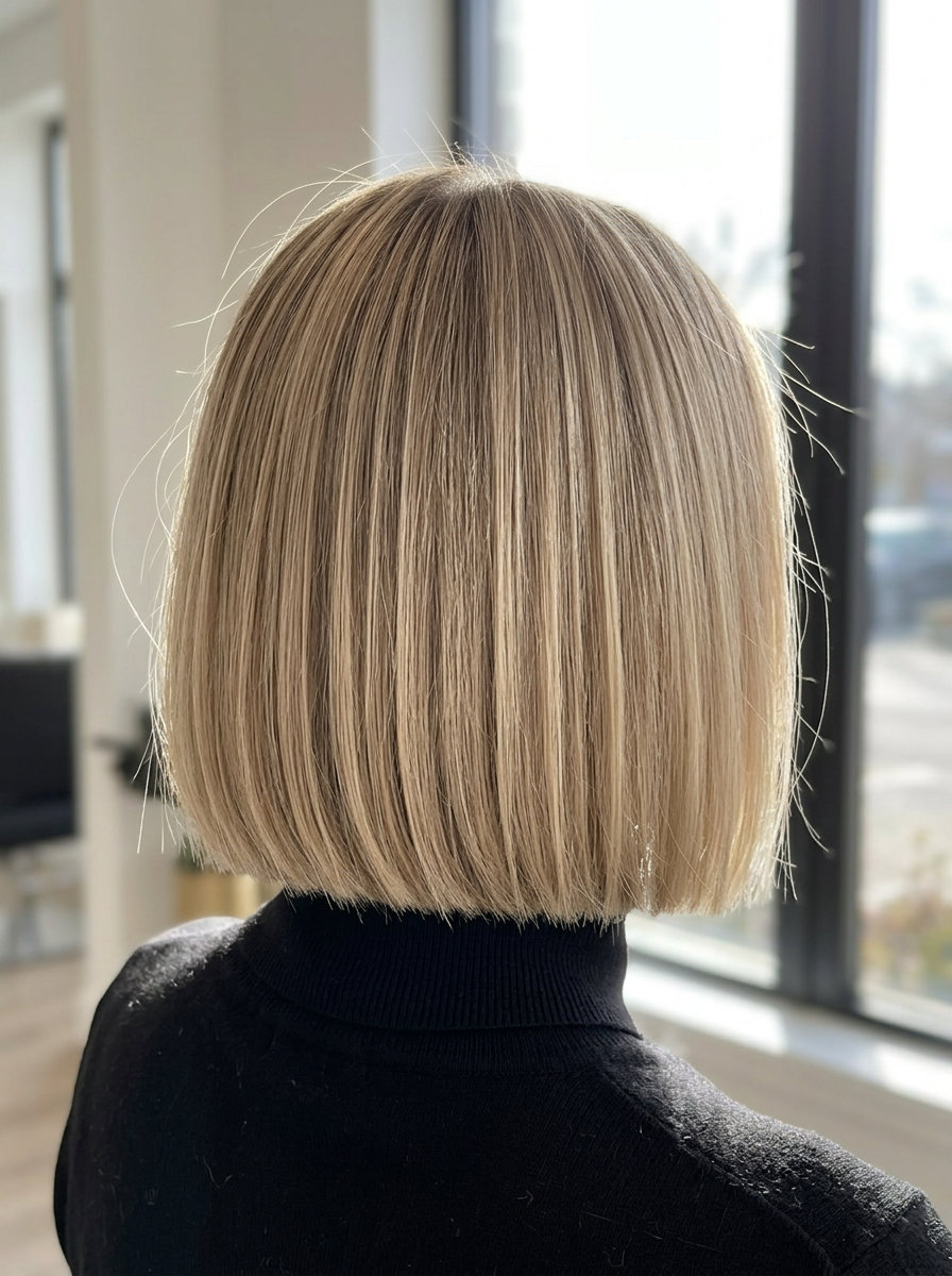 chin-length box bob haircut with sandy linen blonde, ash brown root for understated chic