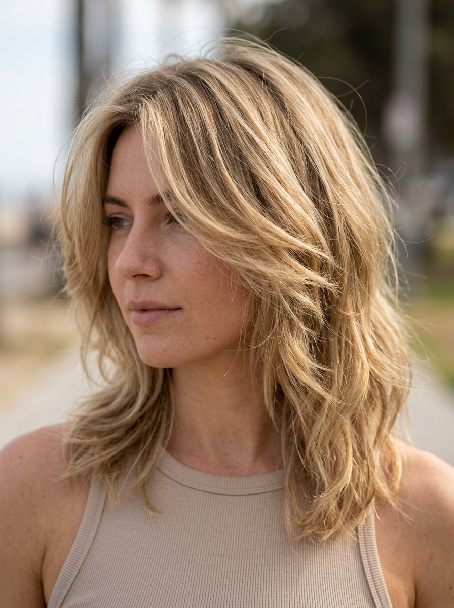 medium butterfly haircut in sandy blonde with golden balayage, subtle face-framing, no bangs — beachy relaxation