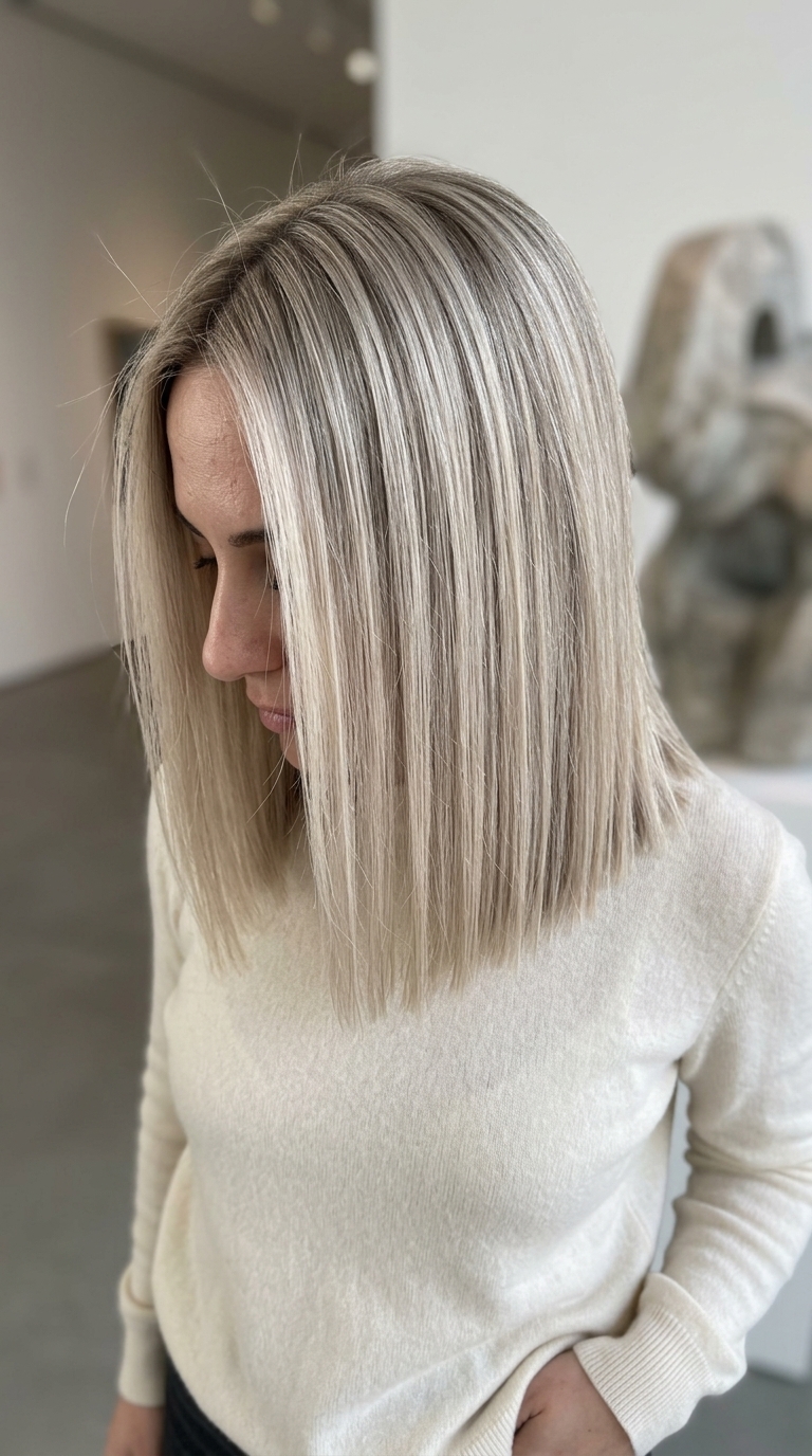 medium blunt lob haircut with sandy blonde, matte toner, no bangs — minimalist