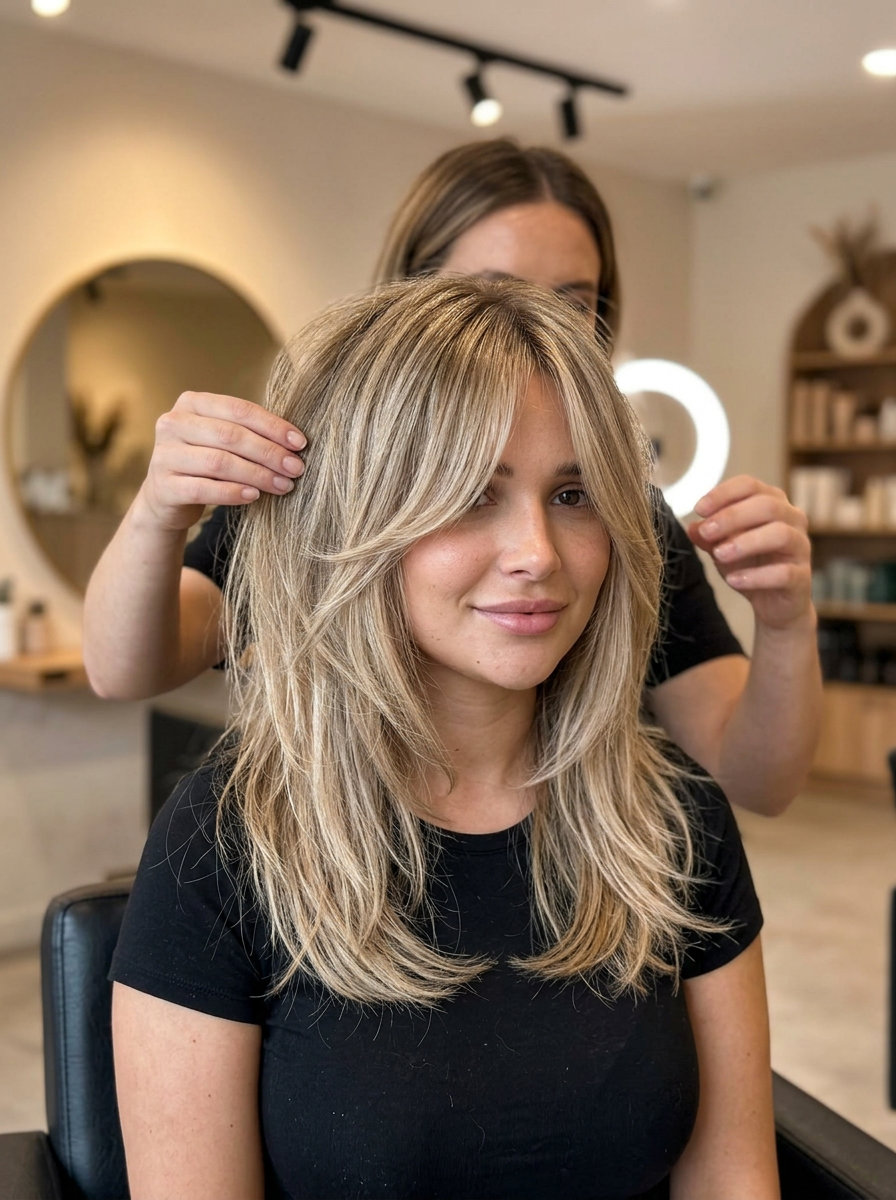 medium sandy blonde wolf cut with cool beige & golden highlights, balayage, curtain bangs — effortless beachy waves