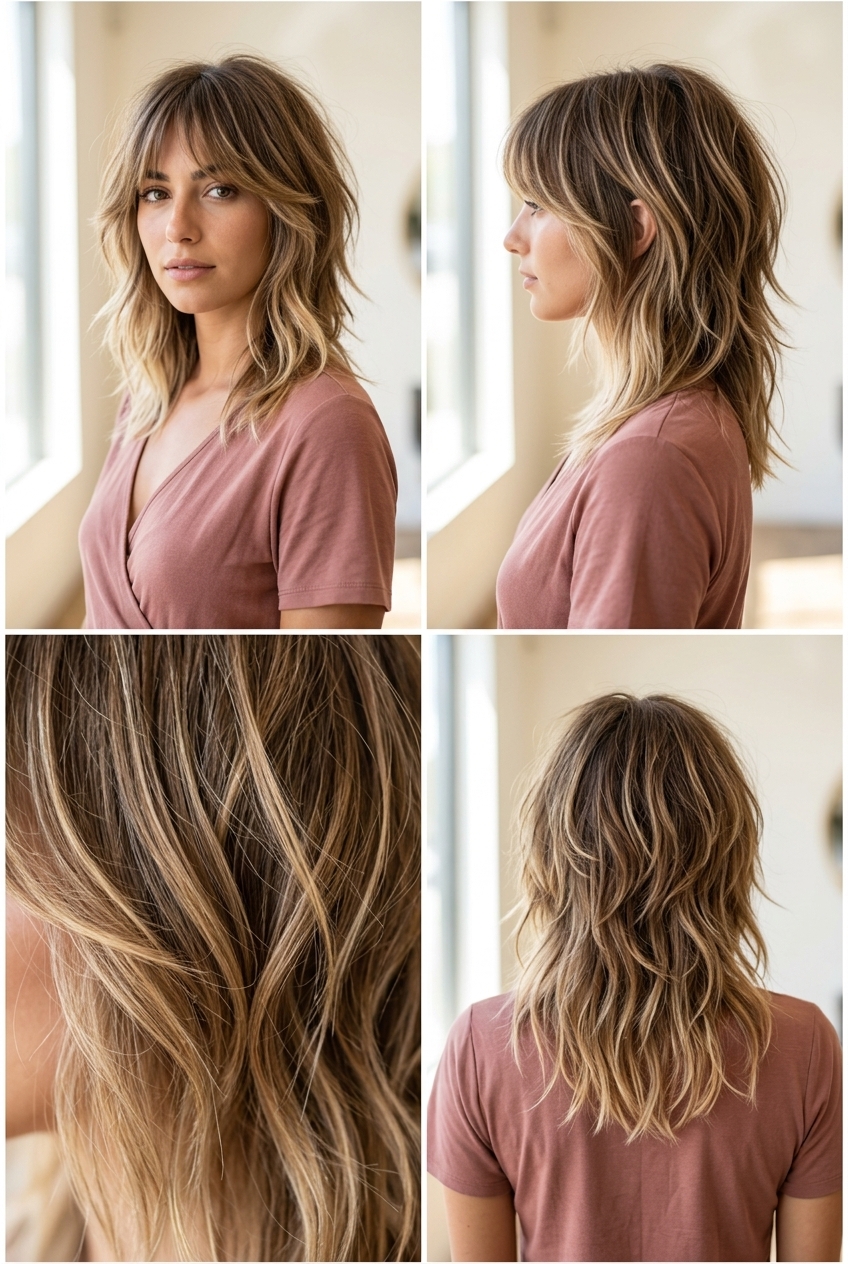 medium butterfly haircut in sandy brown with balayage ends, choppy disconnected layers, soft fringe — bohemian festival vibe
