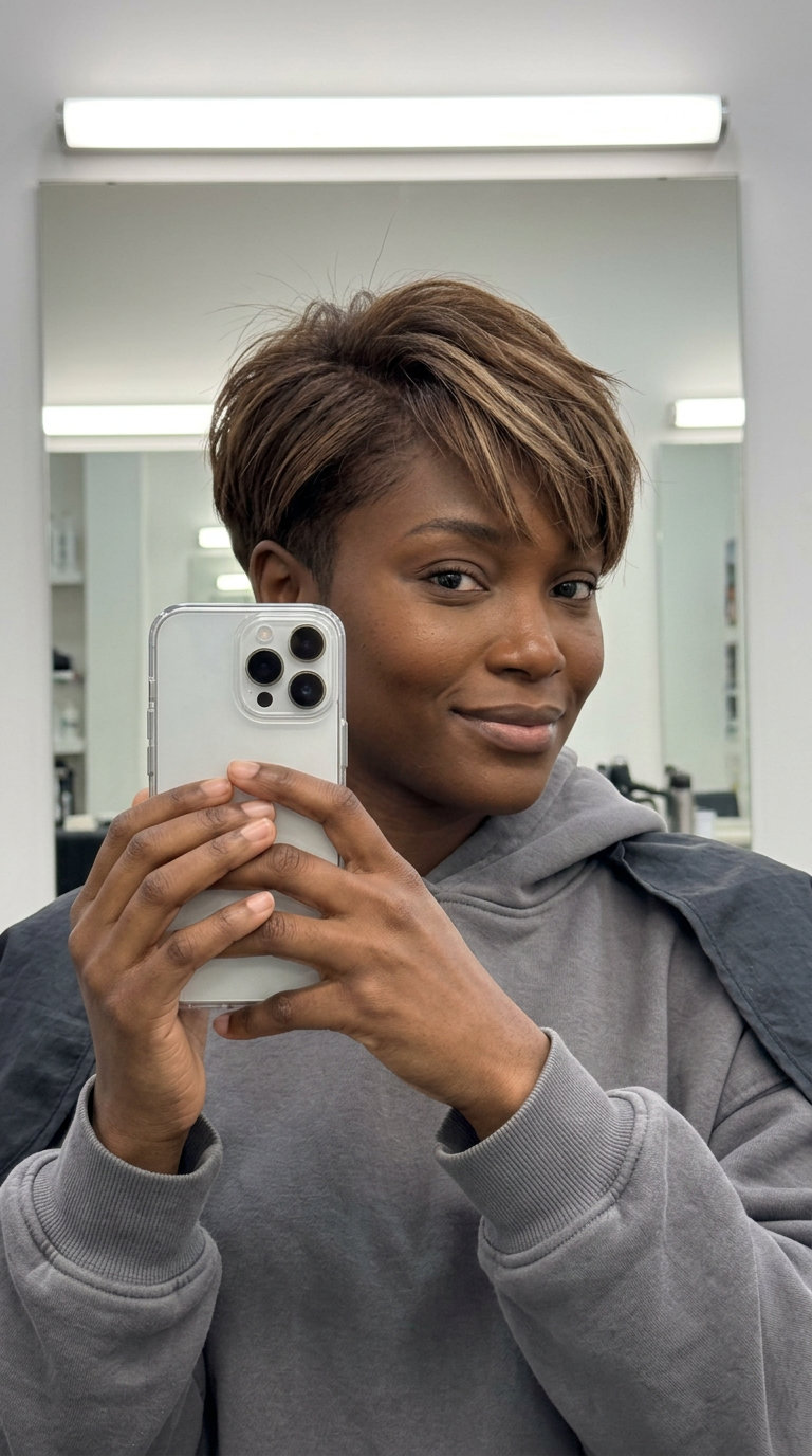 short sandy walnut crop with warm beige balayage and asymmetric fringe for edgy style