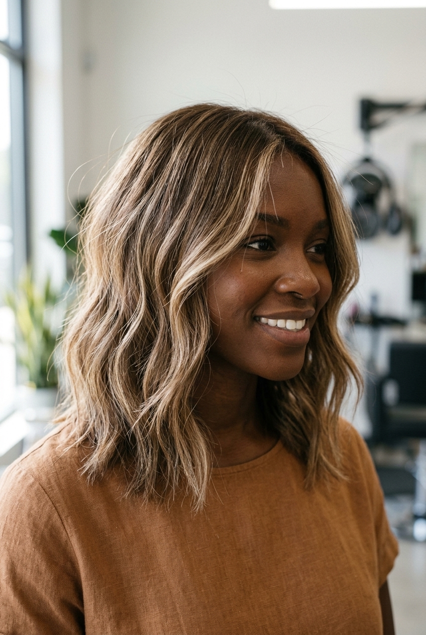 shoulder-length sandy walnut lob with creamy beige balayage and face-framing layers for summer