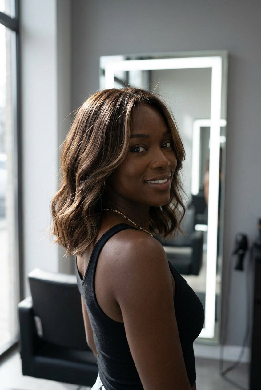 collarbone sandy walnut brown bob with beige balayage, soft layers, playful waves for casual brunch