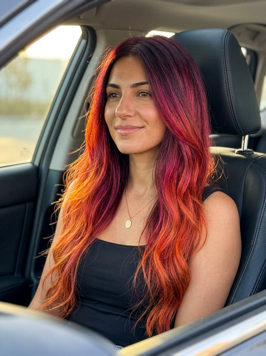extra-long haircut in sangria sunset burgundy with red and orange tones, seamless layers, face-framing pieces — playful bohemian