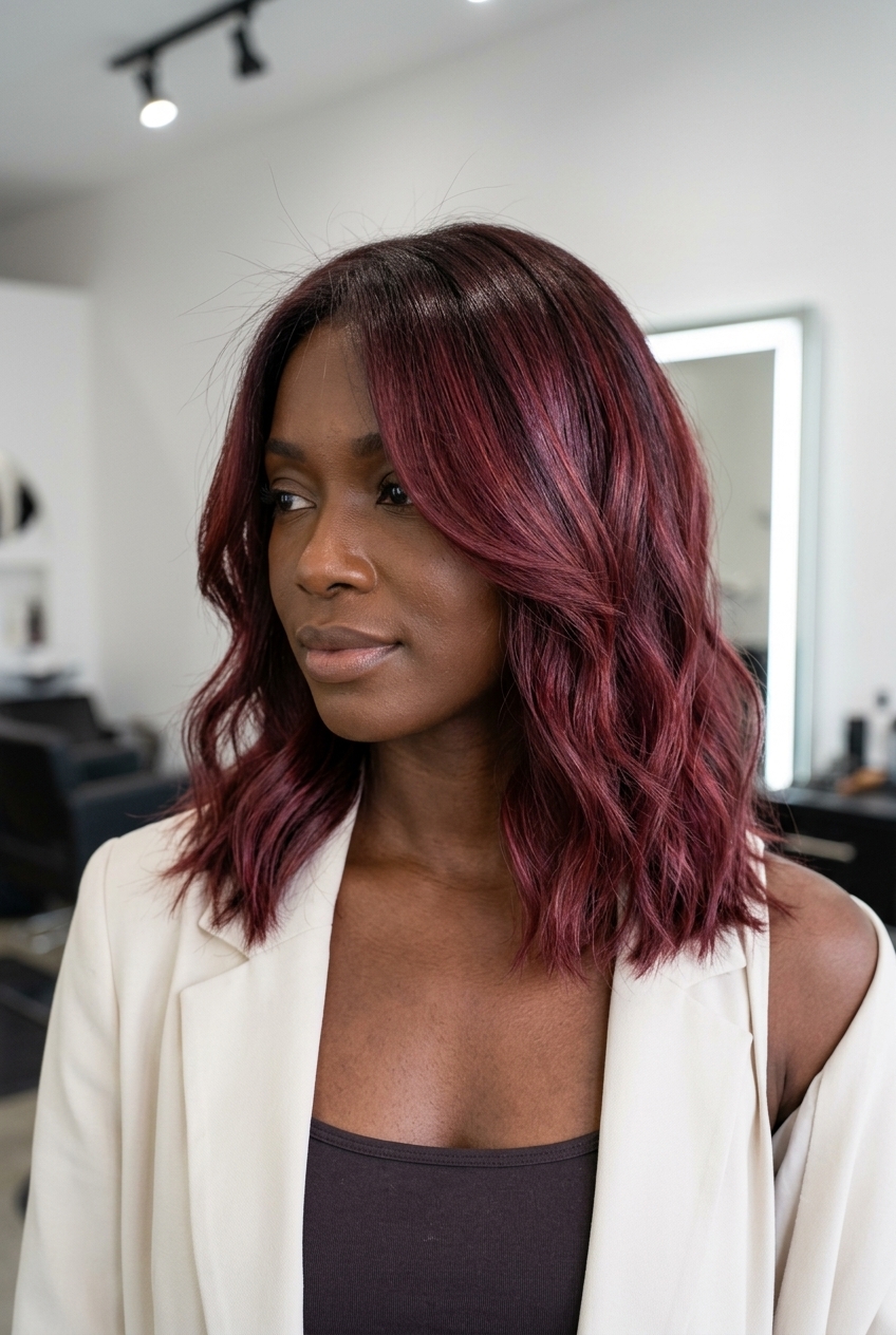 collarbone-grazing lob in sangria sunset burgundy with warm magenta/orange undertones, soft layers and side part — romantic effortless style