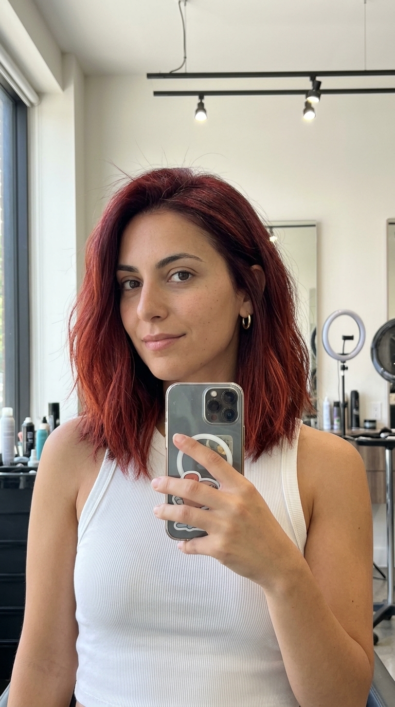 shoulder-length lob in sangria sunset burgundy with red/orange melted tones, textured layers and face-framing pieces — edgy modern style