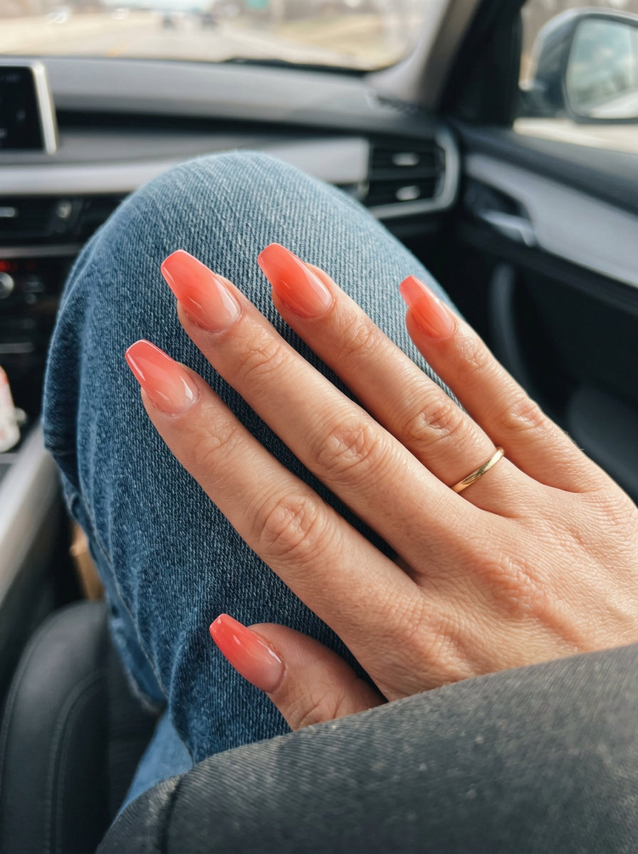 Light Coral Jelly Sunset Gradient Nails 2026 Light Coral Jelly Sunset Gradient nails: vibrant coral for playful shell summer nails 2026.