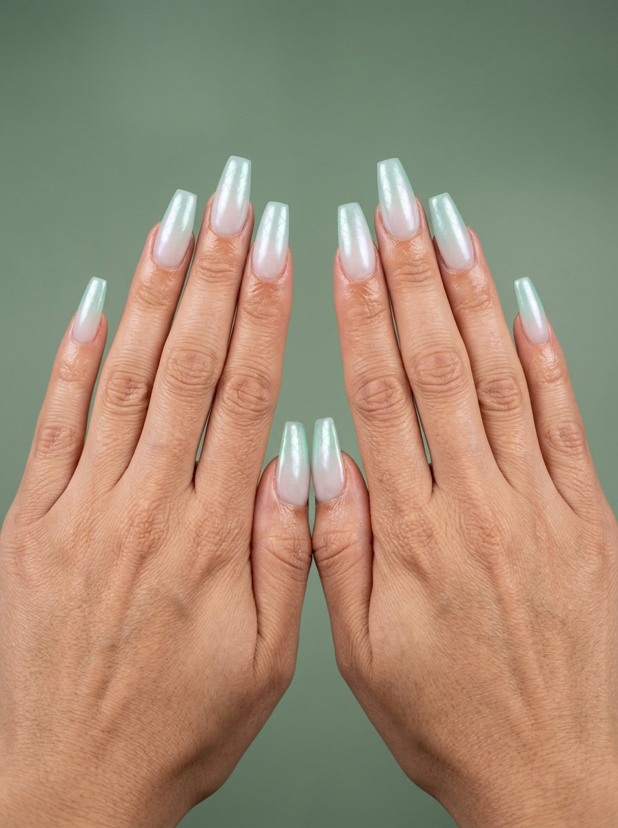Mermaid Scale Gradient Nails 2026 Mermaid Scale Pearlescent Gradient nails for shell summer nails 2026. Sheer opalescent white to seafoam green.