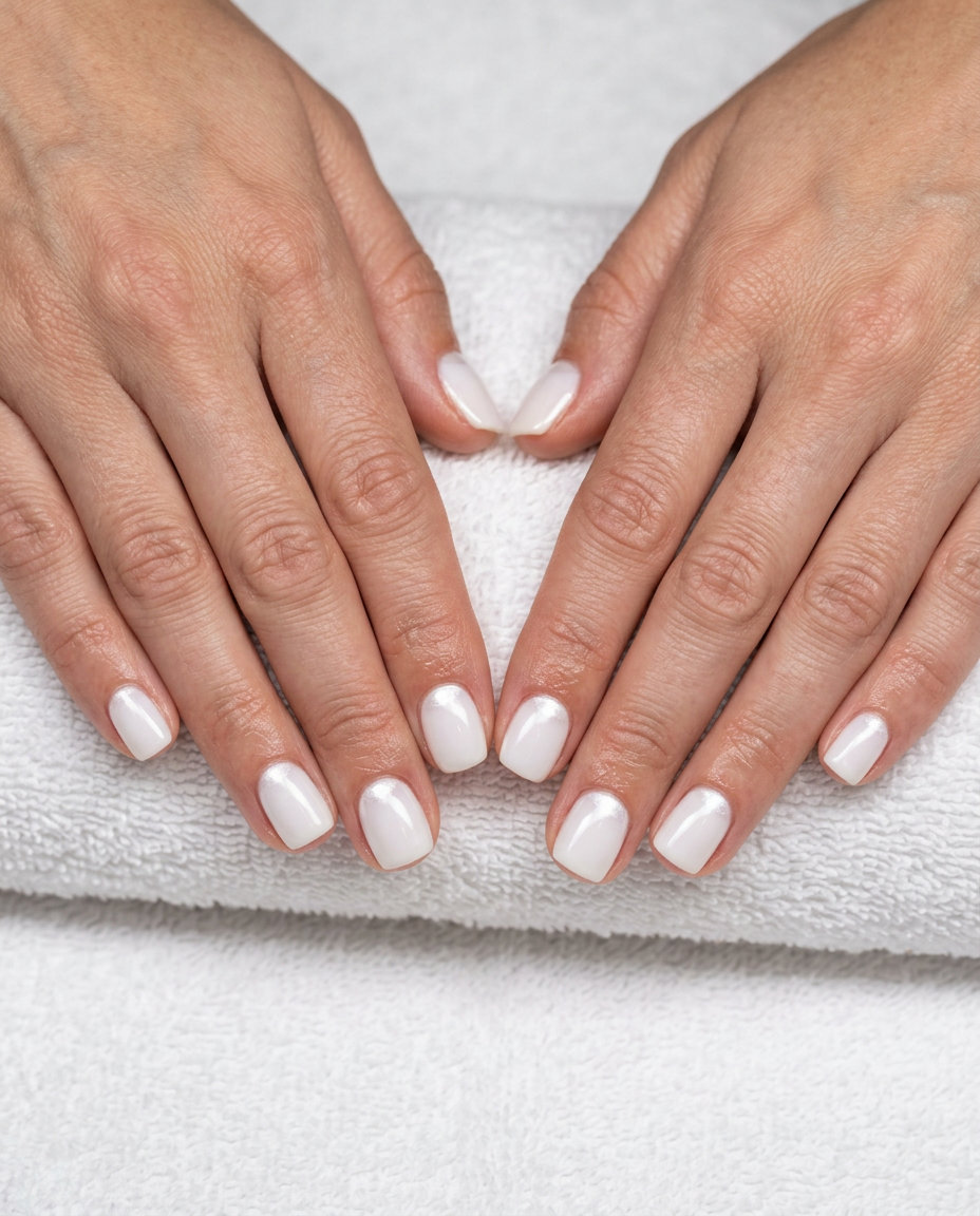 Milky White Reverse French Nails 2026 Milky White Reverse French Summer nails for shell summer nails 2026. Opaque milky white with pearlescent tip.