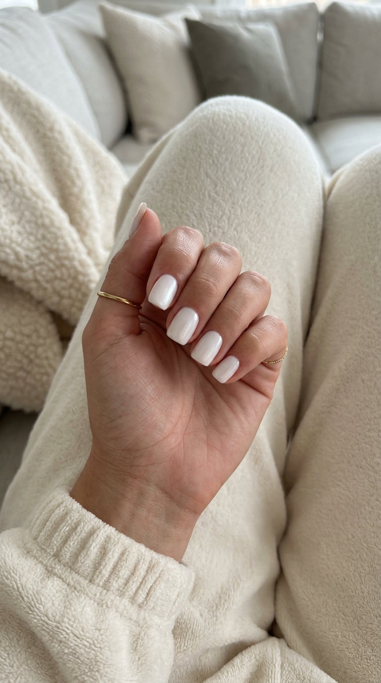Milky White Shimmer Nails 2026: Clean & Polished Style Milky white subtle shimmer nails for shell summer nails 2026, perfect for daily, work, and casual events. Clean-girl aesthetic.