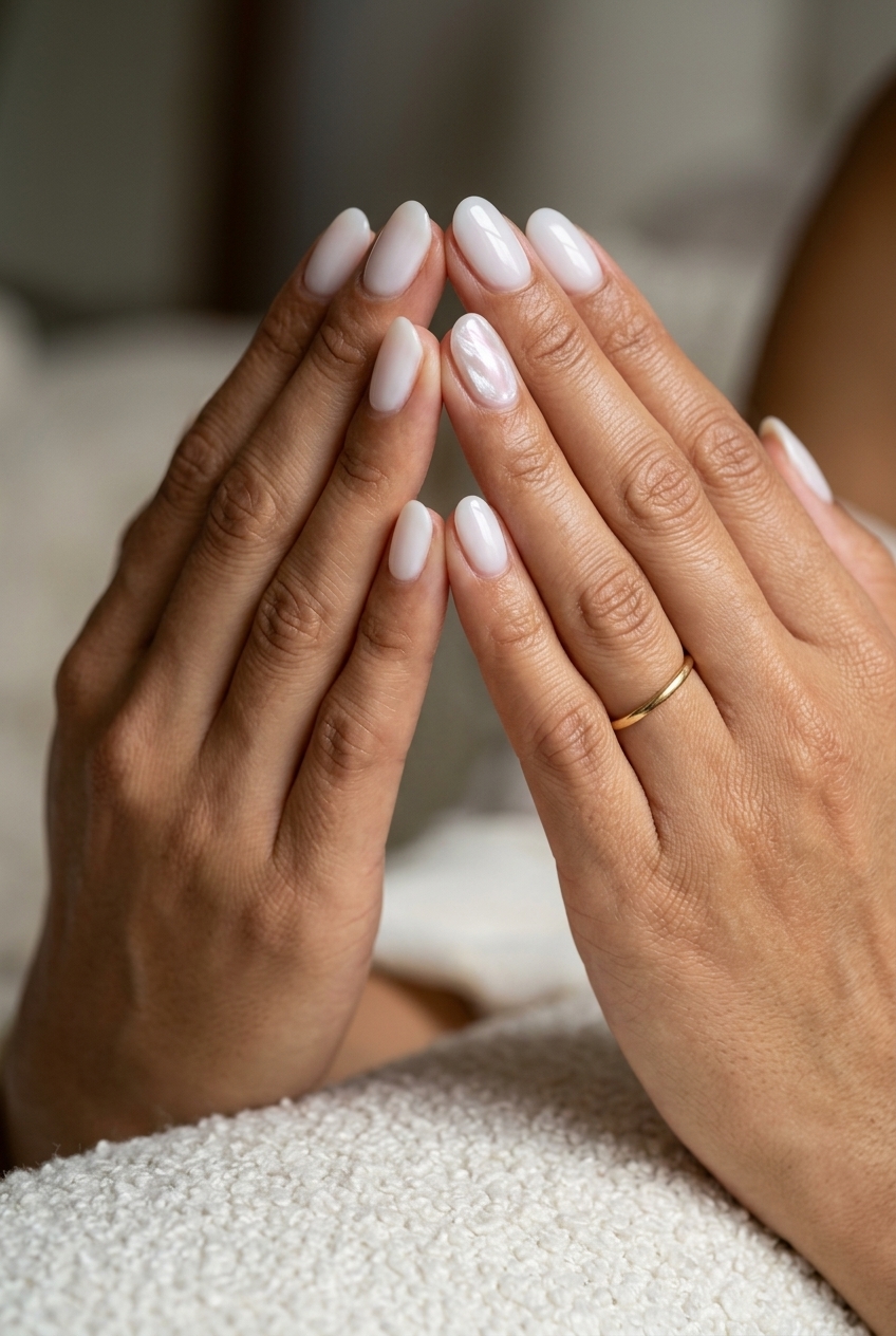 Mother of Pearl Accent Oval Nails 2026 Mother of Pearl Accent Oval nails for shell summer nails 2026. Milky white with iridescent mother-of-pearl effect.