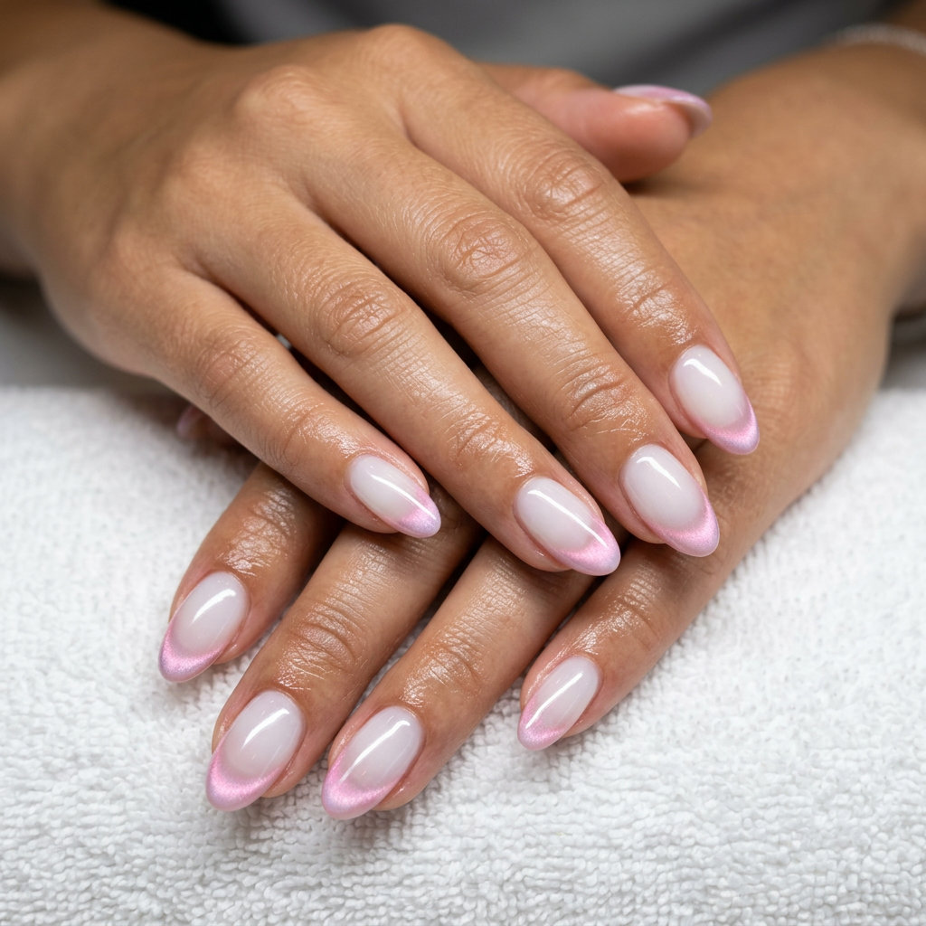 Mystic Cat-Eye French Summer Nails 2026 Mystic Cat-Eye French Summer nails for shell summer nails 2026. Sheer milky white with soft pink cat-eye tips.
