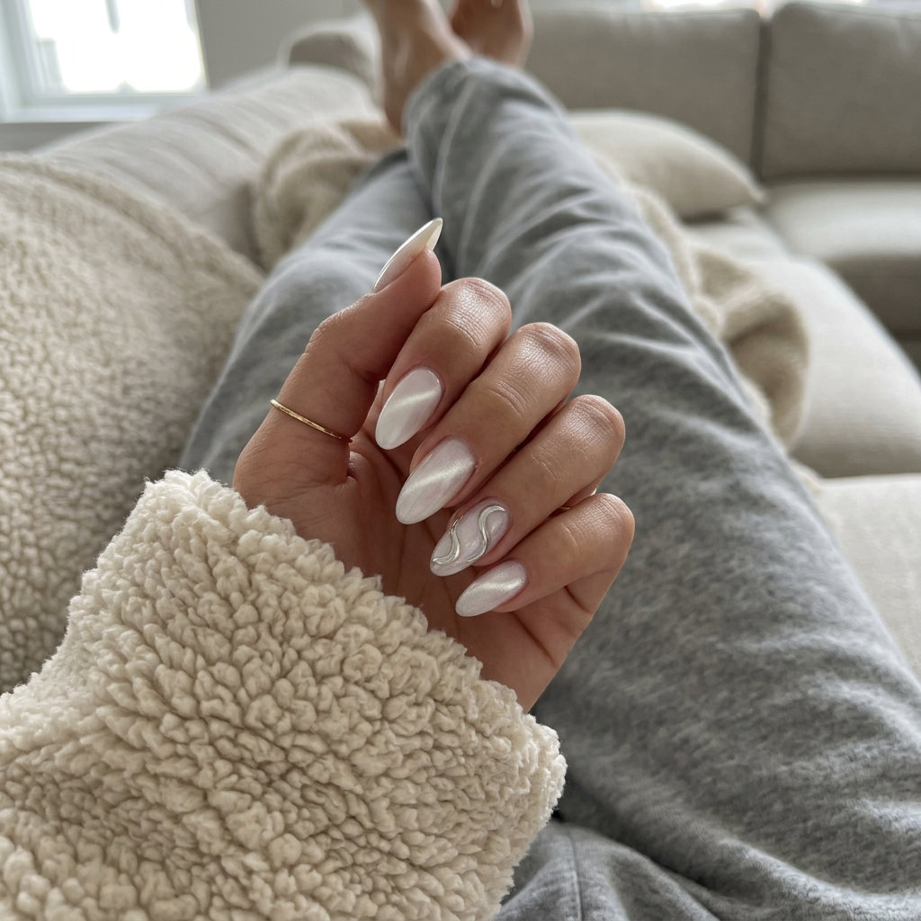Opalescent Cat-Eye Swirls 2026: Glamorous Nights Opalescent white cat-eye swirls for shell summer nails 2026, perfect for parties, nights out, and glamorous summer evenings. Edgy & chic.