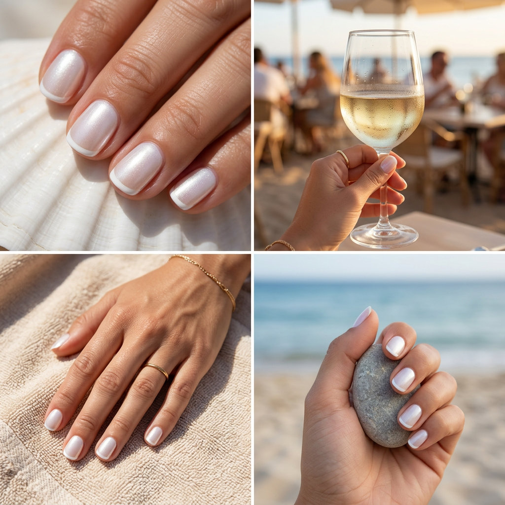 Opalescent White Micro French Nails 2026 Opalescent White Micro French Summer nails for shell summer nails 2026. Sheer opalescent white with pearlescent tips.